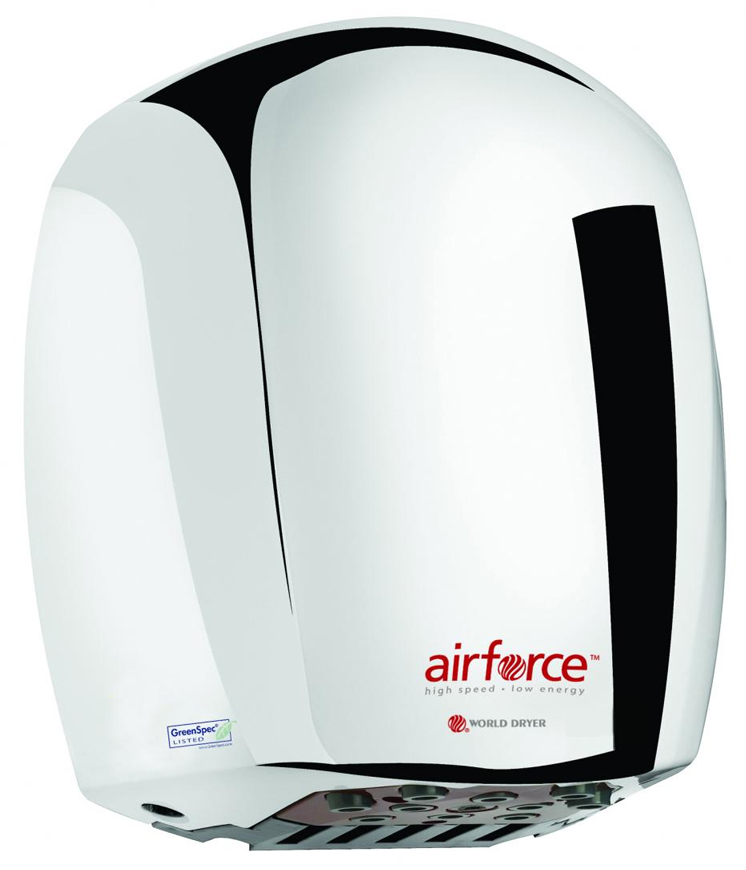 The energy efficient Airforce J-970 high speed hand dryer is surface mounted with an aluminum polished chrome cover and is made by World Dryer